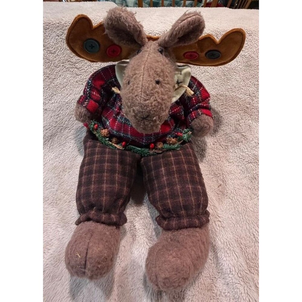 Primitive Holiday Time Christmas Plaid Moose Plush Decor 21"